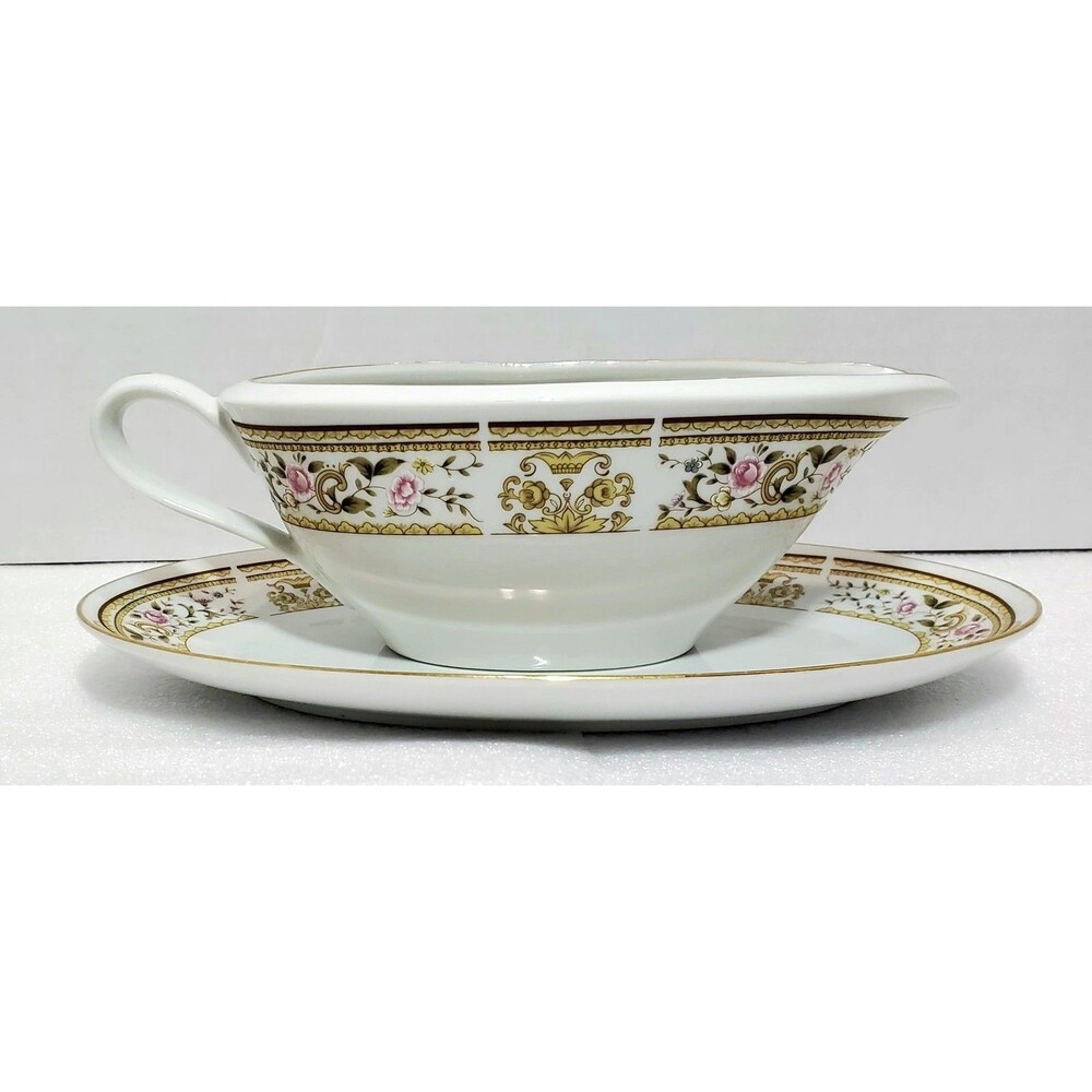 Wallace Heritage Daphne Gravy Boat & Plate Japan Floral Gold Trim Fine China